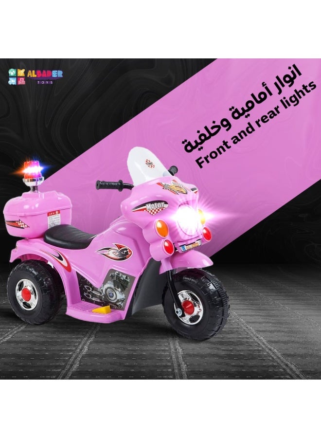 البدر دراجة نارية كهربائية للاطفال من البدر، يمكن ركوب الدراجات ثلاثية العجلات للاولاد والبنات، صغيرة الحجم، ركوب، بطارية 6 فولت، اضواء واصوات الشرطة، مناسبة لعمر 2-5 سنوات، زهري، من البدر - Image 3